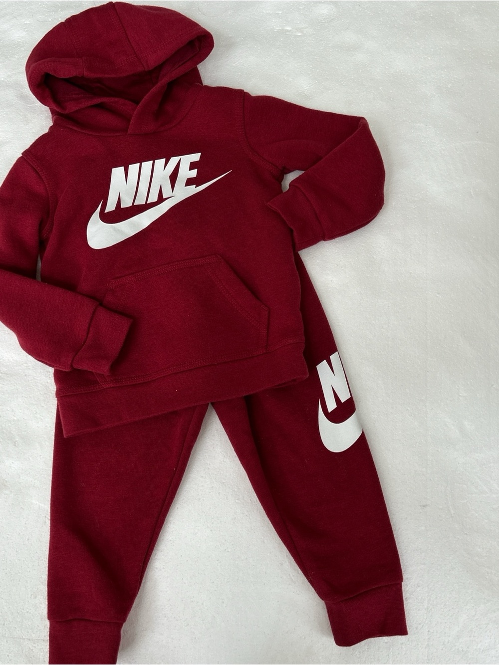 Burgundy Nike kids tracksuit white logo fleece sweatshirt hoodie sweatpants set